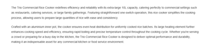Trio 10L Commercial Rice Cooker with Extra Large Capacity TRC-10L/TRC10L