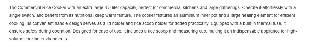 Trio 8.5L Commercial Rice Cooker with Extra Large Capacity TRC-8501/TRC8501