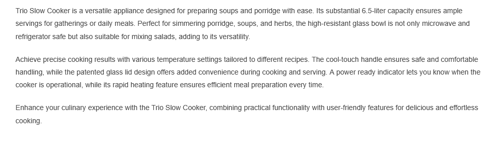 Trio 6.5L Slow Cooker for Soup and Porridge TSC-655/TSC655