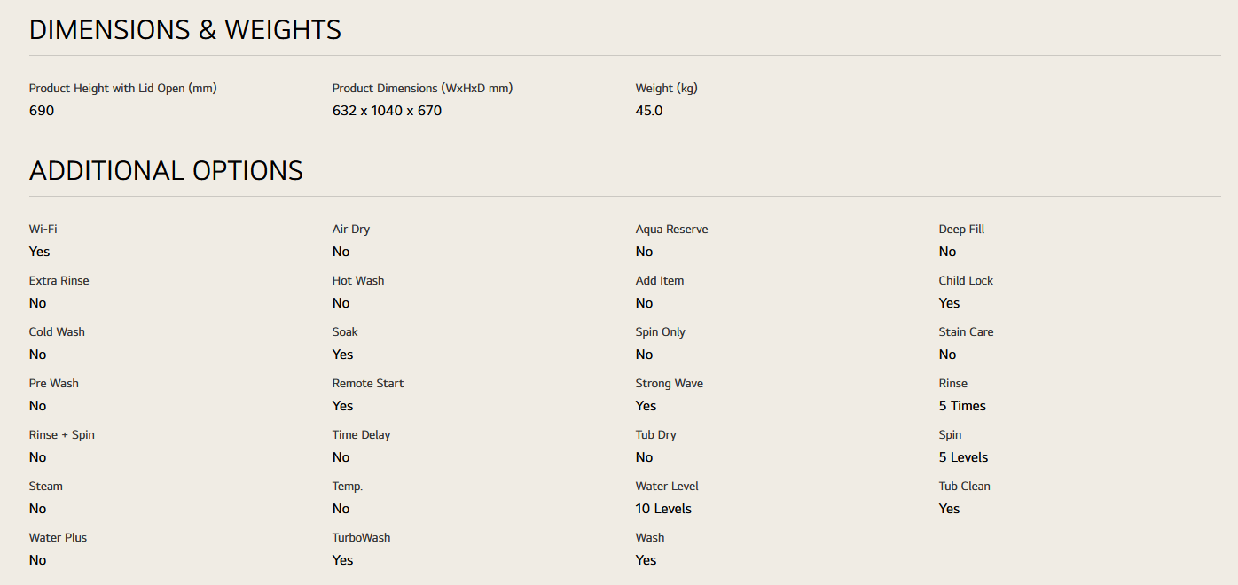 LG TV2518SV7K 18kg Top Load Washing Machine with Intelligent Fabric Care