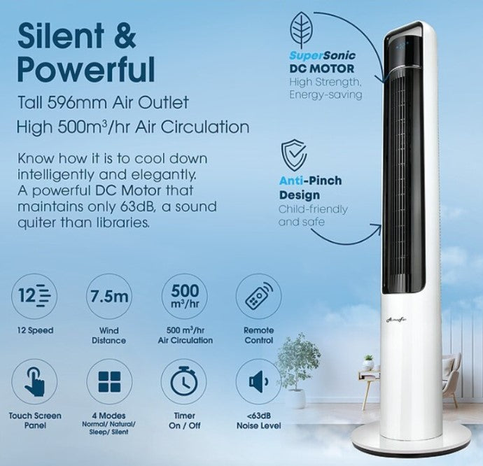 Alpha Tower Fan 12 Speed BREEZ TWF10-DC / TWF10DC LED with Remote Control White