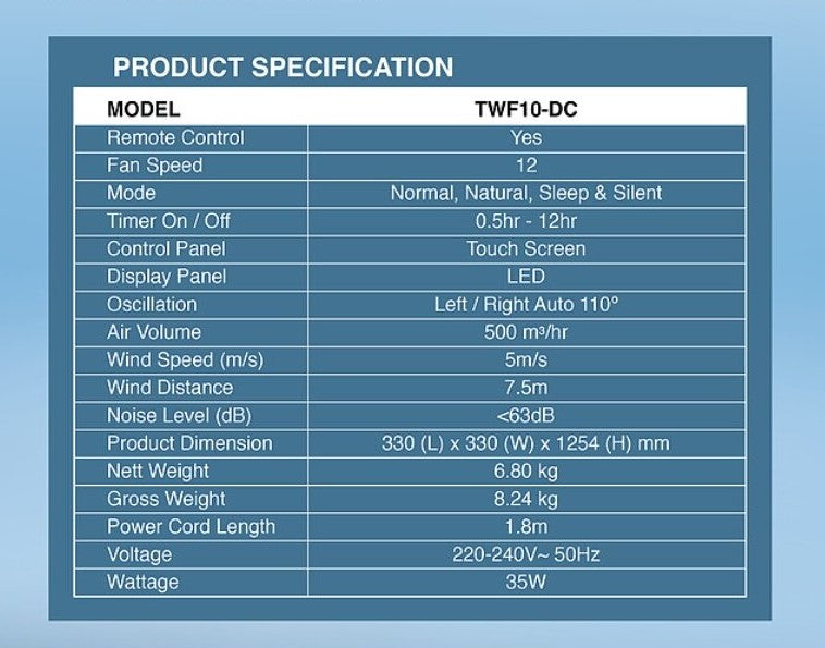Alpha Tower Fan 12 Speed BREEZ TWF10-DC / TWF10DC LED with Remote Control White