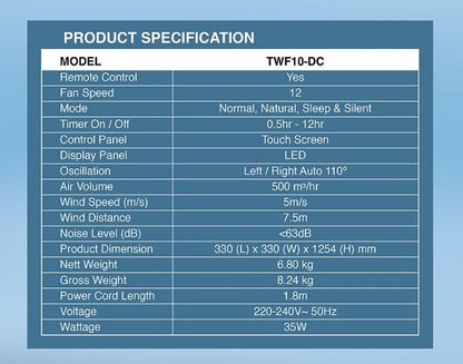 Alpha Tower Fan 12 Speed BREEZ TWF10-DC / TWF10DC LED with Remote Control White