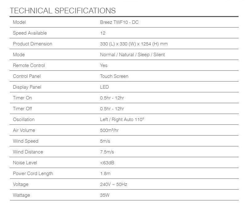 Alpha Tower Fan 12 Speed BREEZ TWF10-DC / TWF10DC LED with Remote Control White