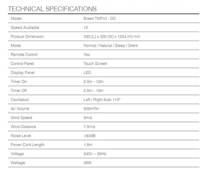 Alpha Tower Fan 12 Speed BREEZ TWF10-DC / TWF10DC LED with Remote Control White