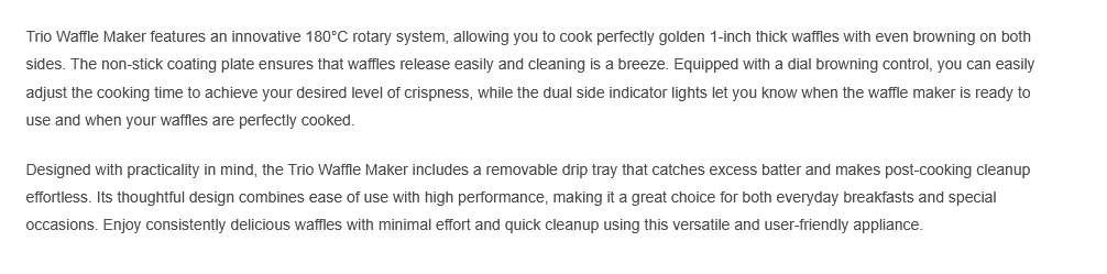 Trio Waffle Maker 180° Rotary System With Non-Stick Coating Plate TWM-85/TWM85