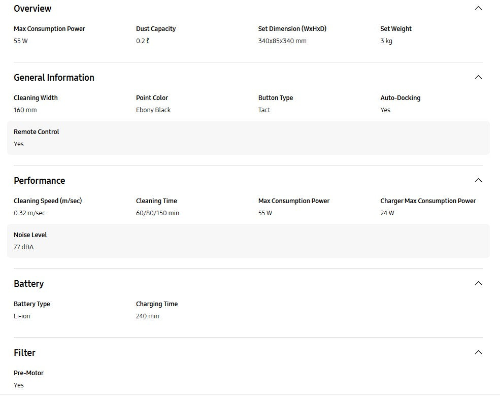 Samsung Vacuum Cleaner Powerbot VR05R5050WK Essential 2 in 1 Vacuum Cleaning & Mopping VR05R5050WK/ME