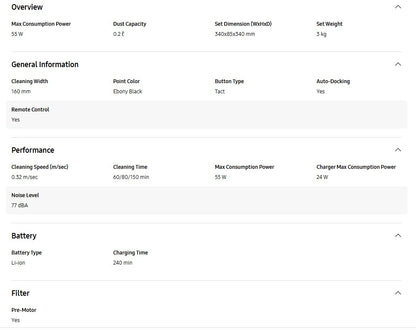 Samsung Vacuum Cleaner Powerbot VR05R5050WK Essential 2 in 1 Vacuum Cleaning & Mopping VR05R5050WK/ME