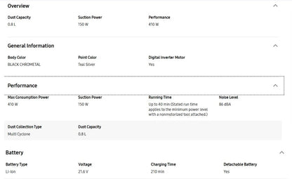 Samsung 150W VS15A60AGR5/ME Jet 65 Pet -Digital Inverter Motor VS15A60AGR5ME (Teal Silver)