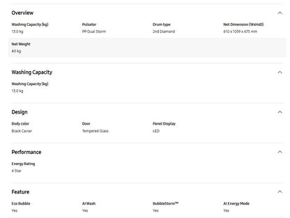 Samsung 13kg Bespoke AI Laundry Top load Washer AI Wash WA80F13S5BFQ (Black)