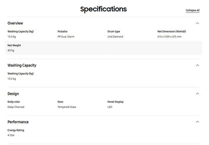 Samsung 13kg Bespoke AI Laundry Top load Washer AI Wash WA80F13S5CFQ (Deep charcoal) Washing Machine