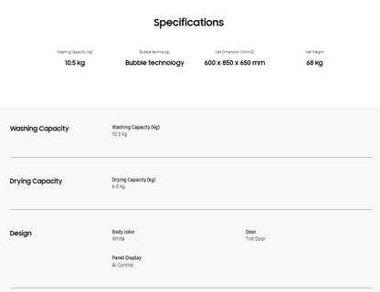 SAMSUNG 10.5KG/ 6KG Washer Dryer WD10T504DBE/FQ White Front Load WD10T504DBE