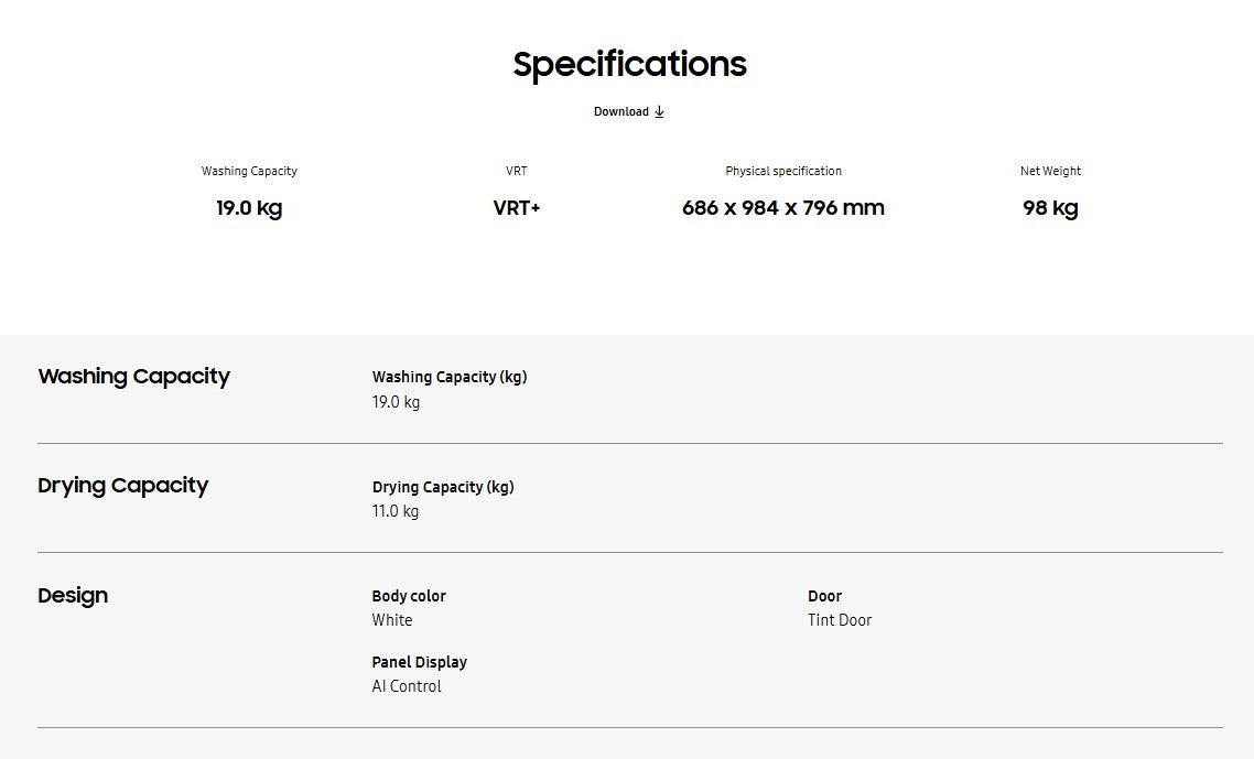 Samsung 19kg/11kg WF6000R Inverter Washer Dryer with Ecobubble WD19T6500GW/FQ / WD19T6500GW Washing Machine