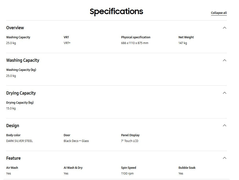 Samsung 25/15 kg Washer Dryer Heat Pump WD25DB8995BZFQ