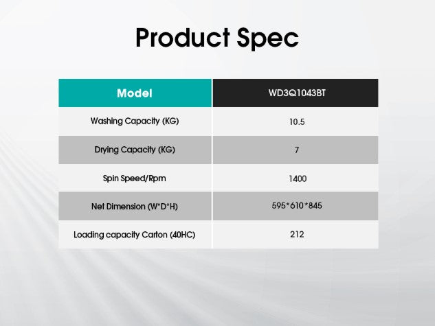 Hisense (10.5KG/7KG) Front Load Washer and Dryer 10.5KG WD3Q1043BT