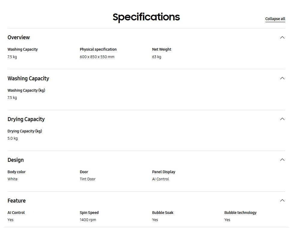Samsung Front Load Washer Dryer with AI Ecobubble 7.5KG Wash & 5KG Dry WD75T504DBW/FQ Inverter WD75T504DBW (White)
