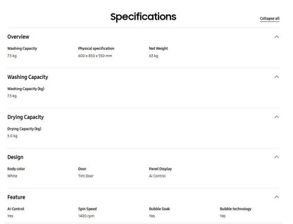 Samsung Front Load Washer Dryer with AI Ecobubble 7.5KG Wash & 5KG Dry WD75T504DBW/FQ Inverter WD75T504DBW (White)