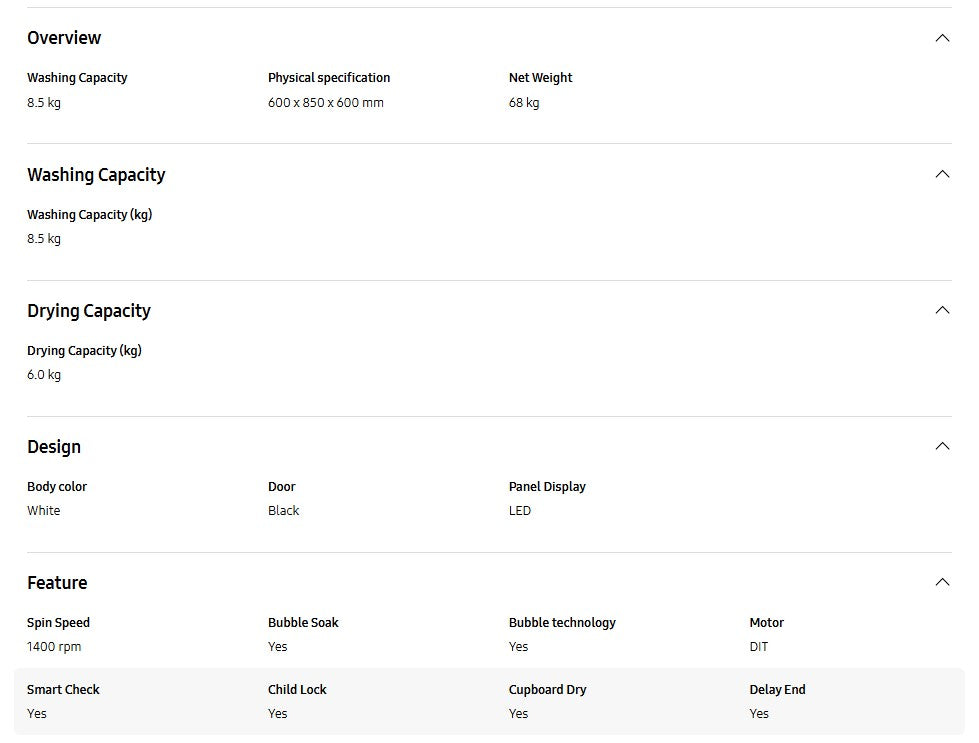 Samsung 8.5KG Wash & 6KG Dry WD85T4046CE/FQ Inverter Front Load Washer Dryer with Hygiene Steam WD85T4046CE Washing Machine
