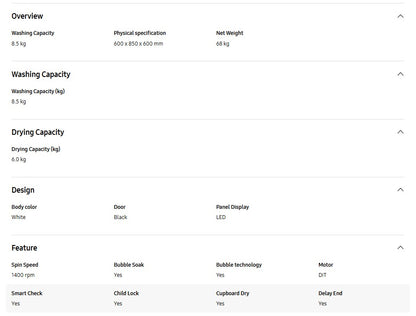 Samsung 8.5KG Wash & 6KG Dry WD85T4046CE/FQ Inverter Front Load Washer Dryer with Hygiene Steam WD85T4046CE Washing Machine