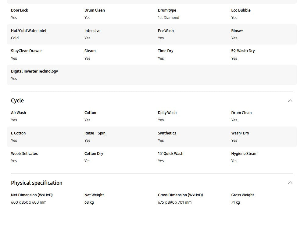 Samsung 8.5KG Wash & 6KG Dry WD85T4046CE/FQ Inverter Front Load Washer Dryer with Hygiene Steam WD85T4046CE Washing Machine
