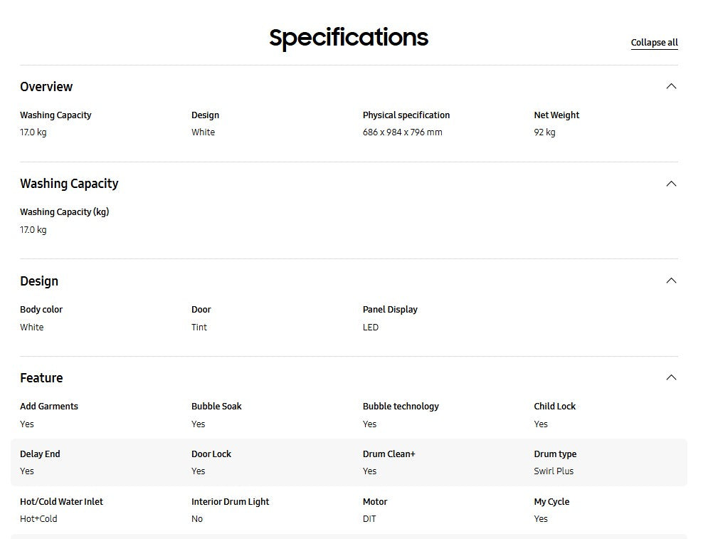 Samsung 17Kg Front Load Washer with Hygiene Steam Inverter WF17T6000GW/FQ / WF17T6000GW