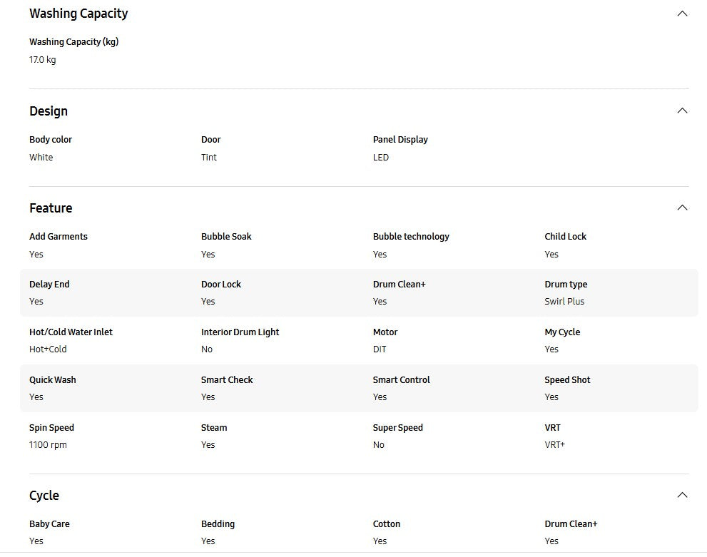Samsung 17Kg Front Load Washer with Hygiene Steam Inverter WF17T6000GW/FQ / WF17T6000GW