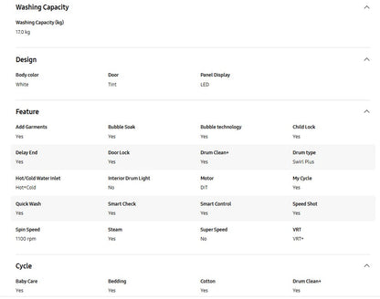 Samsung 17Kg Front Load Washer with Hygiene Steam Inverter WF17T6000GW/FQ / WF17T6000GW
