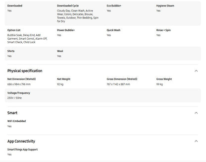 Samsung 17Kg Front Load Washer with Hygiene Steam Inverter WF17T6000GW/FQ / WF17T6000GW