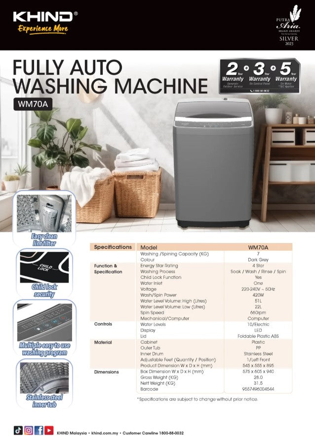 KHIND 7kg Fully Auto Washing Machine WM70A Washer