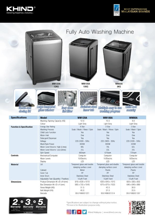 KHIND 8kg Fully Auto Washing Machine WM80A Washer
