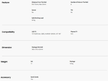 Samsung Slim Fit Wall Bracket 43''- 85'' QLED Wall Mount Bracket WMN-A50EB/XY / WMNA50EBXY