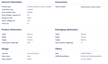 Electrolux WQ61-1OGG Well Q6 Self-Standing Cordless Vacuum Cleaner