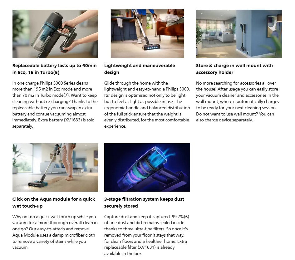 Philips Aqua Vacuum 3000 Series XC3133/61 Vacuum and Wipe LED Nozzle 3 Layer Filtration XC3133