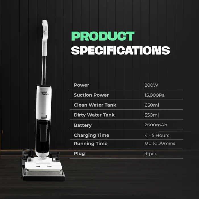 Russell Taylors Dual-Edge Wet Dry Cordless Floor Washer Vacuum Self-Cleaning with Hot Air Drying i3